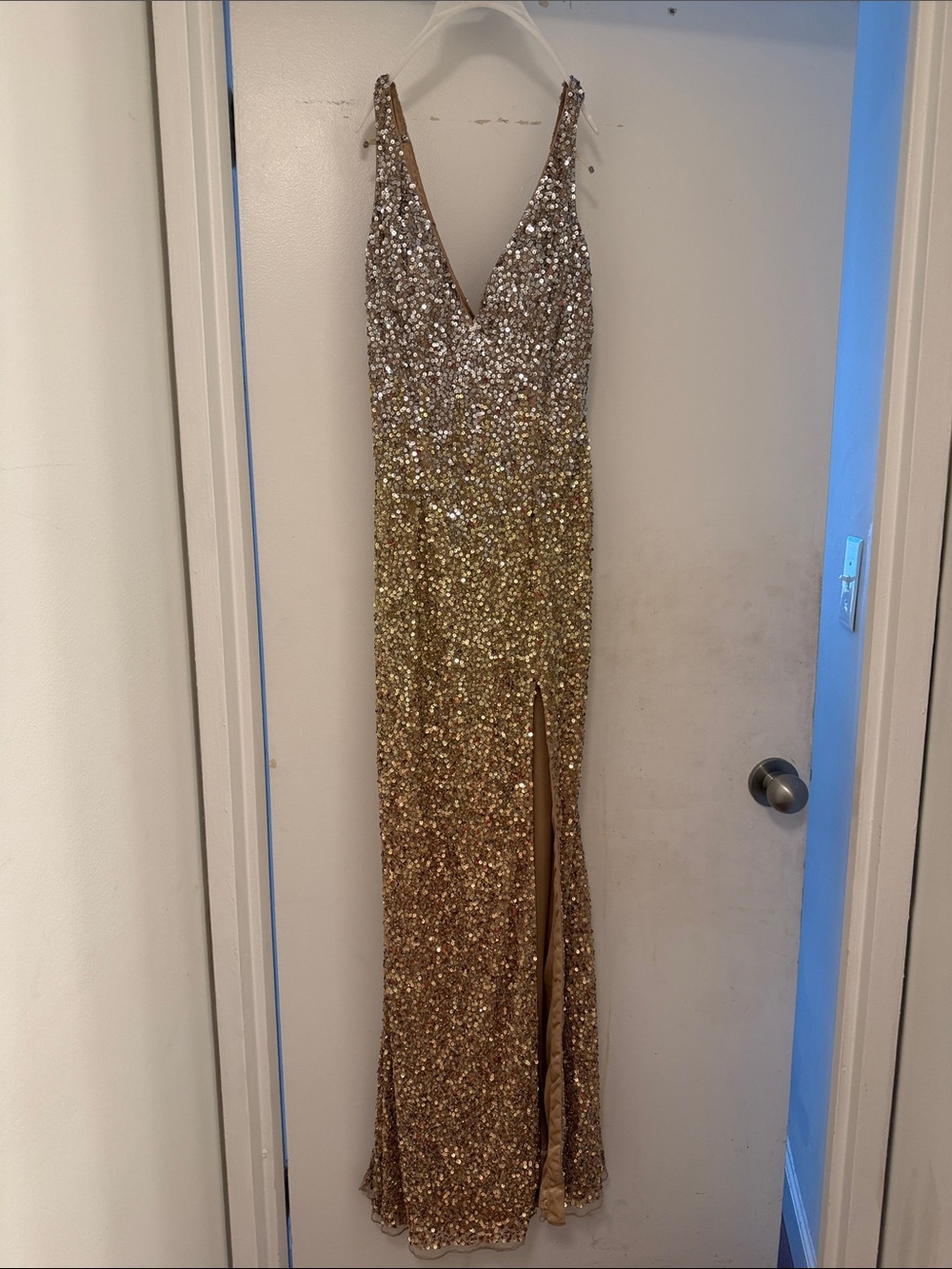 Mac Duggal Gold Sequin Backless Evening Gown